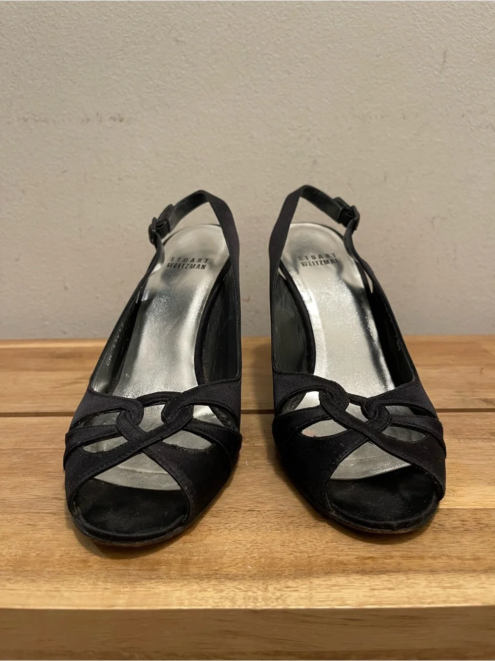 Stuart Weitzman Black Satin Peep Toe Slingback Heels - Size 7.5 M
